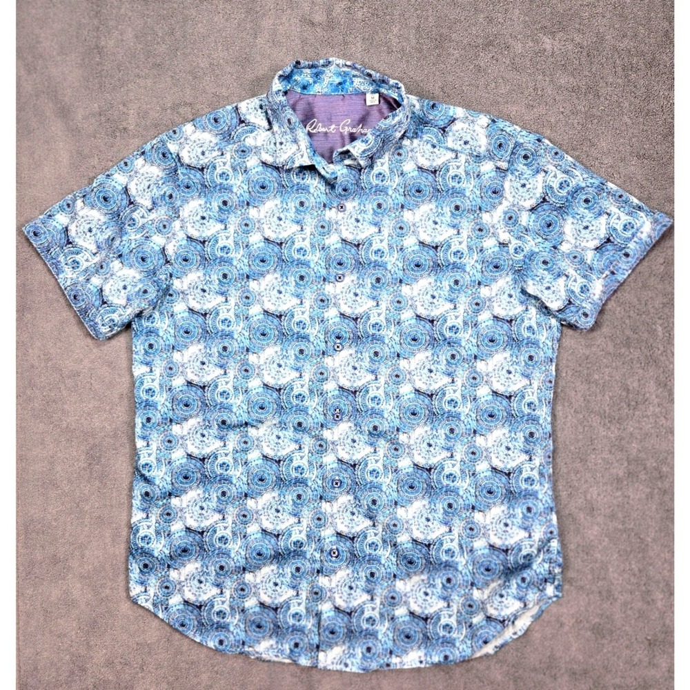Robert Graham Button Down Mens Medium Blue Excellent Short Sleeve Mandala Shirt